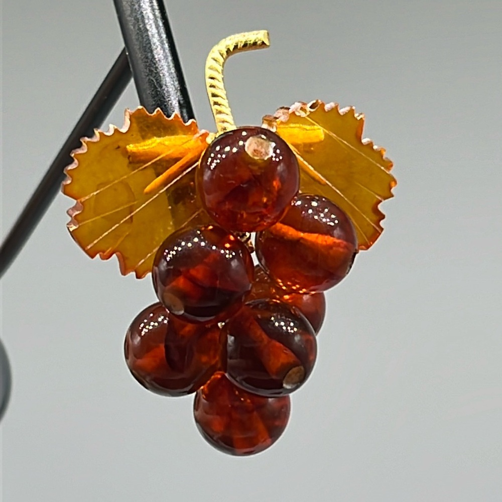 Russian Baltic Amber grapes with leaves brooch with Cyrillic hallmark 2”x 1.5”